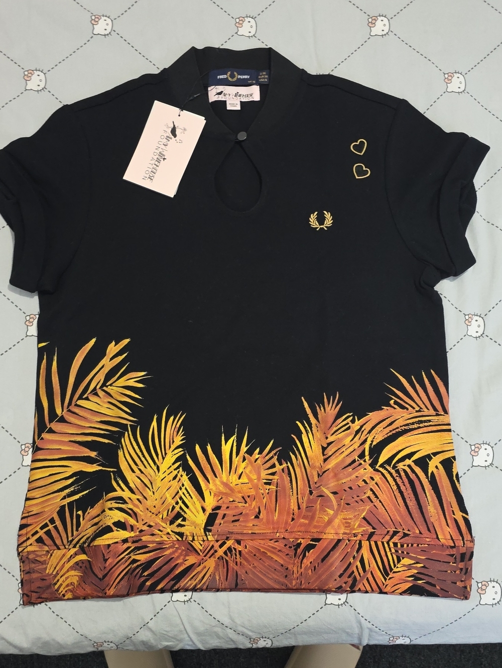 Fred Perry Black Tee with Yellow-Orange Palm Print